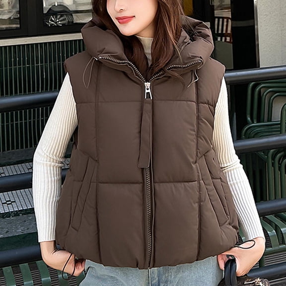 Zedker Puffer Vest for Women Sleeveless Lightweight Quilted Jacket Stand Collar Zip Up Down with Pockets Winter Outerwear 2025,Plus Size CoffeeM