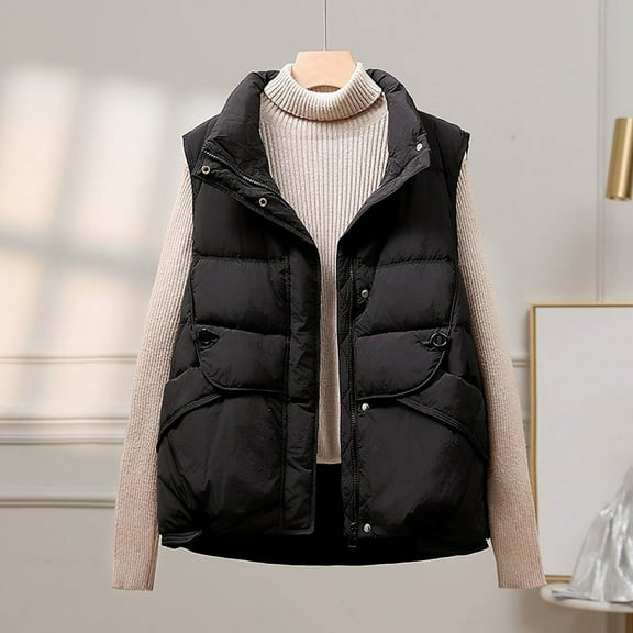 Zedker Puffer Vest for Women Sleeveless Quilted Warm Winter Coats with Pockets,Plus Size Black L