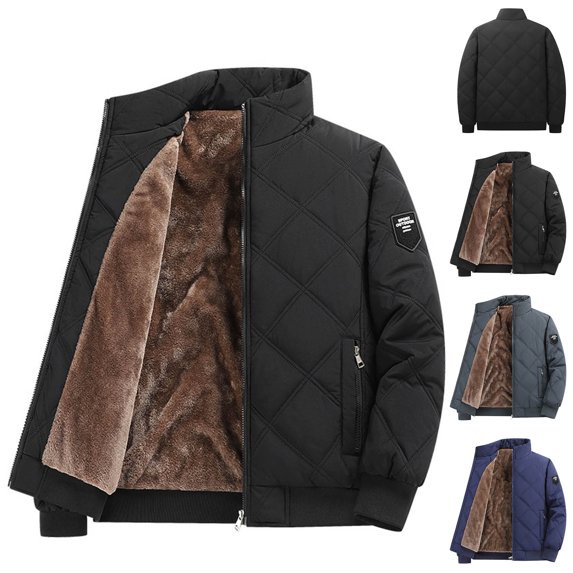 Zedker Quilted Jacket for Mens Fleece Sherpa Lined Winter Coats Warm Full Zip Stand Collar Bomber Jacket with Pockets Blue S