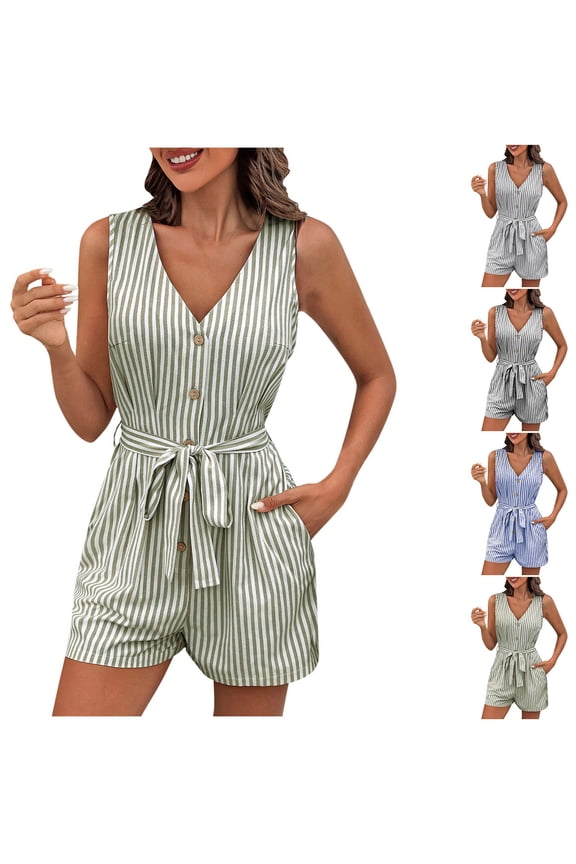 Romper for Womens Summer V Neck Button Up Linen Rompers Striped Sleeveless Short Jumpsuits Beach Vacation Outfits 2026 Dark Gray S