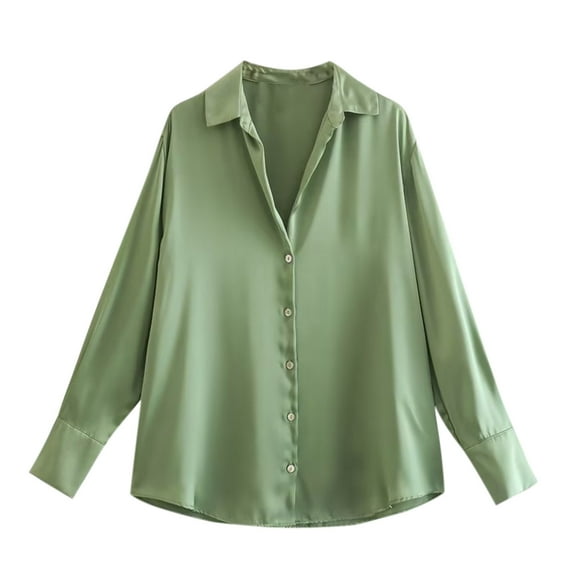 Zedker Satin Blouses for Women Casual Long Sleeve Button Down Silk Dressy Business Work Tunic Mint Green Plus M