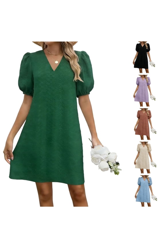 Shift Dress for Women V Neck Short Sleeves Solid Color 2026 Casual Flowy Spring Summer Dresses Black XXL