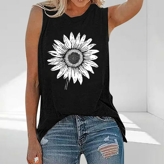 Zedker Shirts for Women Sunflower or Flower Graphic Tank Top Casual Sleeveless Round Neck Summer Tee Black Plus L
