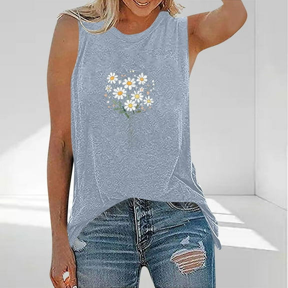 Zedker Shirts for Women Sunflower or Flower Graphic Tank Top Casual Sleeveless Round Neck Summer Tee Gray Plus L
