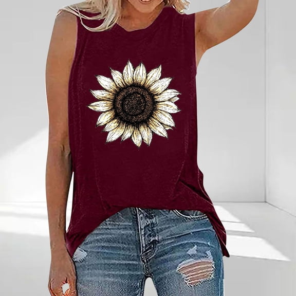 Zedker Shirts for Women Sunflower or Flower Graphic Tank Top Casual Sleeveless Round Neck Summer Tee Red Plus L