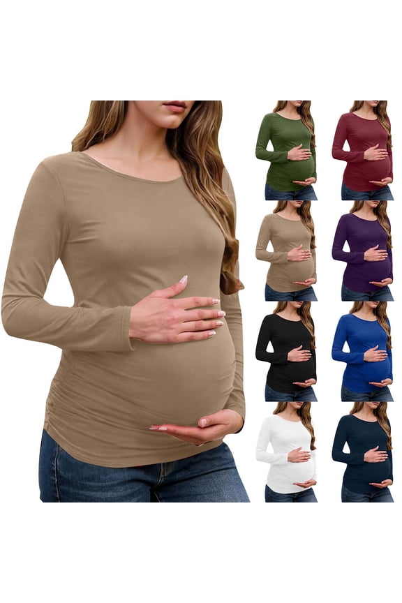 Shirts for Womens Maternity Fall Long Sleeve Crew Neck T-Shirts Pregnancy Clothes Side Ruched Tunic Tops Wine M