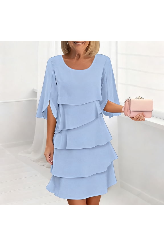 Short Sleeves Tea Length The Bride Dresses for Women Ruffle A Line Chiffon Formal Dress, Plus Size Light BlueXXXL