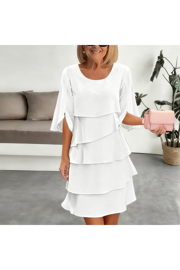 Short Sleeves Tea Length The Bride Dresses for Women Ruffle A Line Chiffon Formal Dress, Plus Size WhiteXXXL