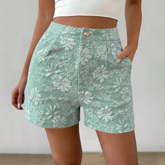 Zedker Shorts for Women Floral Pleated High Waisted with Pocket Beach Mini Drawstring Mint Green Plus XXL