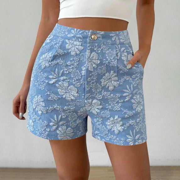 Zedker Shorts for Women Floral Pleated High Waisted with Pocket Beach Mini Drawstring Sky Blue Plus XXL
