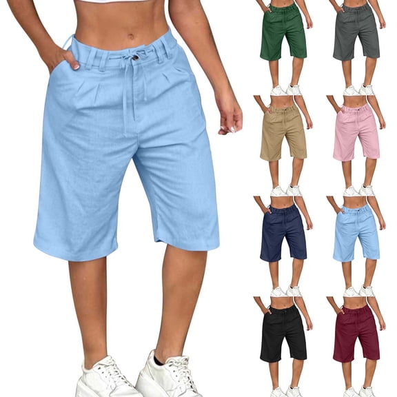 Zedker Shorts for Women Pull On Elastic Waist High Waisted Knee Length Fold Hem Stretchy Long Shorts 2026 Navy XXL
