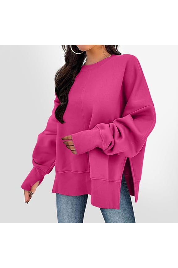 Side Slit Sweatshirt for Women, Casual Long Sleeve Thermal Sweaters with Thumb Hole, Oversized Round Neck Pullover Shirts,Beige,L