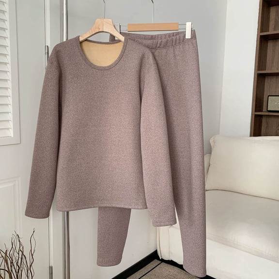 Zedker Sleepwear Set for Men Casual Crewneck Long Sleeve Top and Elastic Waist Straight-Leg Long Pant Cozy 2 Piece Thermal Pajamas,Khaki,XXXXL