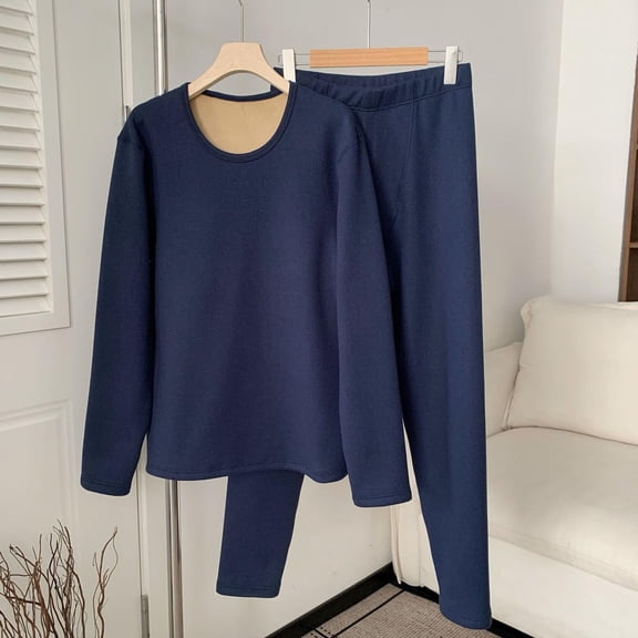 Zedker Sleepwear Set for Men Casual Crewneck Long Sleeve Top and Elastic Waist Straight-Leg Long Pant Cozy 2 Piece Thermal Pajamas,Navy,XXL