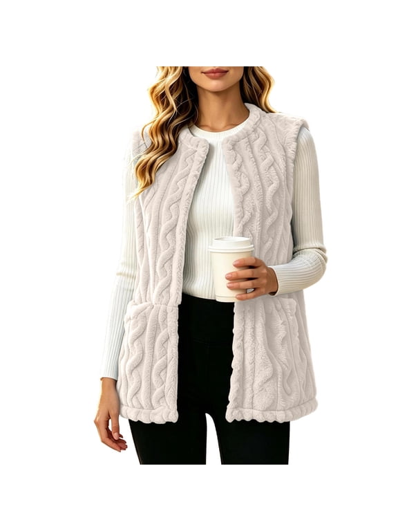Sleeveless Fuzzy Fleece Vest for Women Open Front Crew Neck Warm Layering Outerwear with Pockets Beige Jackets for Women