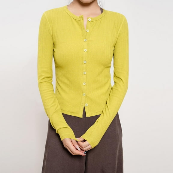 Zedker Soft Casual Women'S Button Down Cardigan,Comfy Solid Color Long Sleeves Tops,Lightweight Open Front Knitted Sweaters for Fall,Fashion Loungewear,Yellow,XL