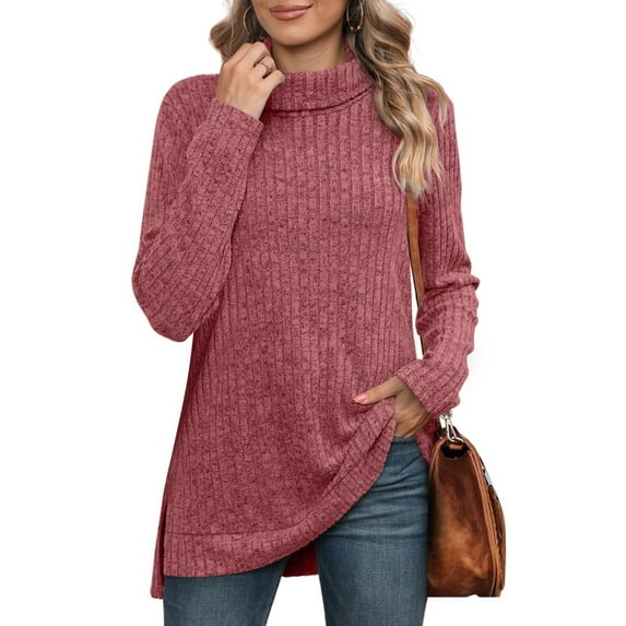Zedker Womens Tunic Tops Turtleneck Long Sleeve Shirts Oversized Fall Winter Sweaters,Plus Size Red L