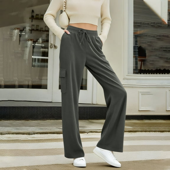 Zedker Soft Corduroy Casual Straight-Leg Elastic Waist Cargo Pants for Women Comfy Loose Drawstring Thermal Long Pants with Multi Pockets,Gray,M