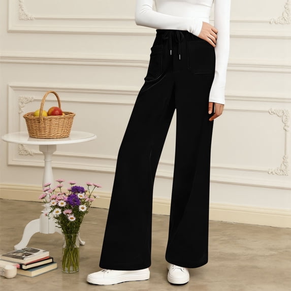 Zedker Soft Velvet Elastic Waist Loose Pockets Pants for Women Casual Wide-Leg Comfy Summer Breathable Long Pants with Drawstring,Black,M