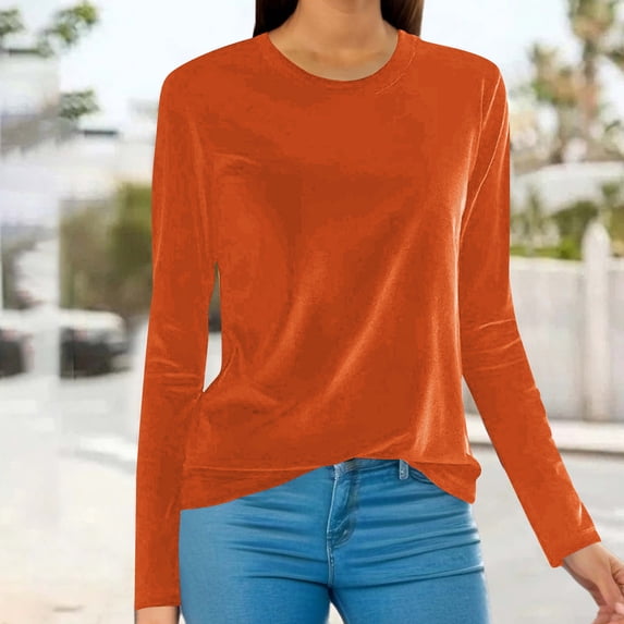 Zedker Soft Velvet Fleece Casual Crewneck Long Sleeve Tops for Womens Comfortable Loose Pullover Thermal Shirts for Fallw Winter,Orange,XL