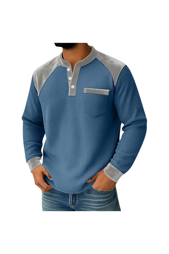Soft Velvet and Check Knitted Splicing Casual Stand Collar Long Sleeve Shirts for Men Comfy Loose Button Tops with Chest Pocket,Blue,XL
