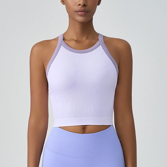 Zedker Sports Bras for Women High Neck Ribbed Crop Tank Tops Sleeveless Yoga Workout Shirts Purple Plus S
