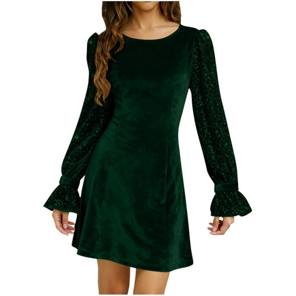 Zedker Statement Holiday Sequins Long Sleeve Dress Women Round Neck Soft Pleuche Mini Dress Comfy Sparkly Party Tunic Dresses,Green,XXL