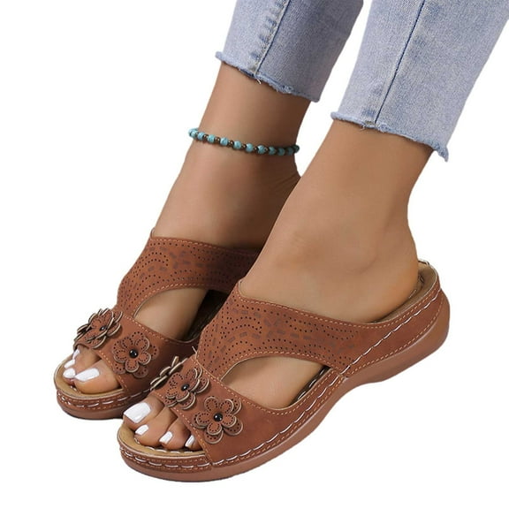 Zedker Strappy Sandals for Women, Summer Sandals Women Slip On Slide Sandals Casual Flowers High-Heeled Flat-Bottomed Ladies Wedge Sandals Slippers