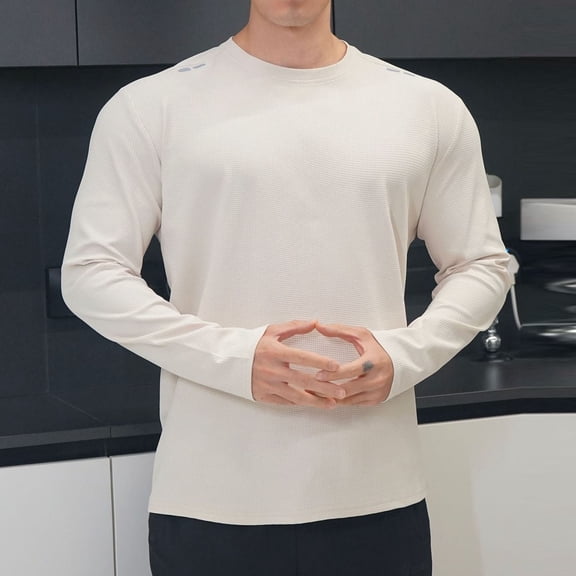 Zedker Stretchy Round Neck Long Sleeve Thermal Casual Base Layer Shirts for Men Comfy Breathable Pullover Tops for Sports Gym,Beige,L