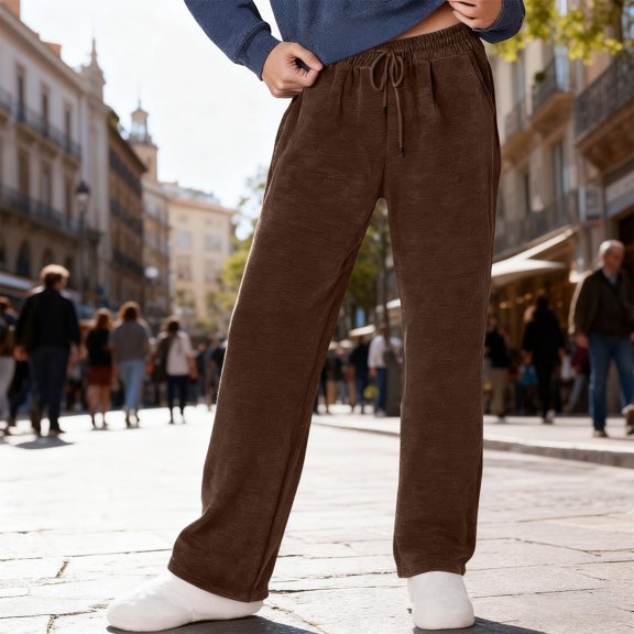 Zedker Stretchy Straight-Leg Elastic Waist Long Sweatpants for Women Casual Drawstring Loose Fall and Winter Pants with Pockets,Brown,S