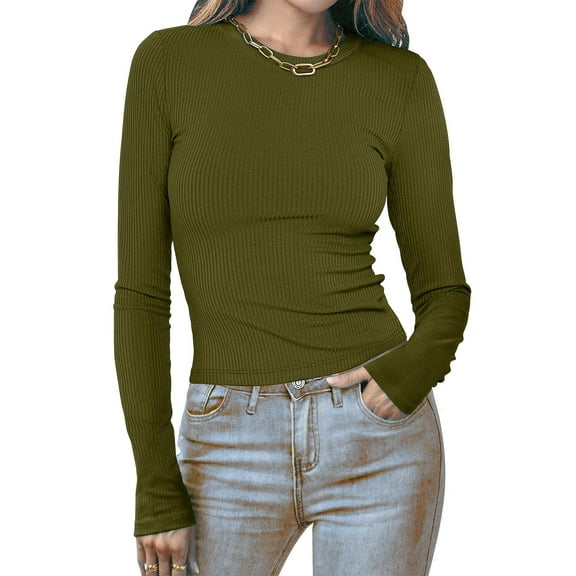 Zedker Stretchy Womens Long Sleeve Slim Tops Casual Crewneck Pullover Comfy Thermal Base Layer Shirts for Fall and Winter,Army Green,XXL