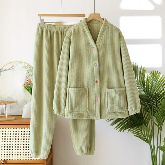 Zedker Stylish Button V-Neck Long Sleeve Shirt and Elastic Waist Joggers Pant Casual Soft Fleece Thermal Pajamas for Women Set,Green,M