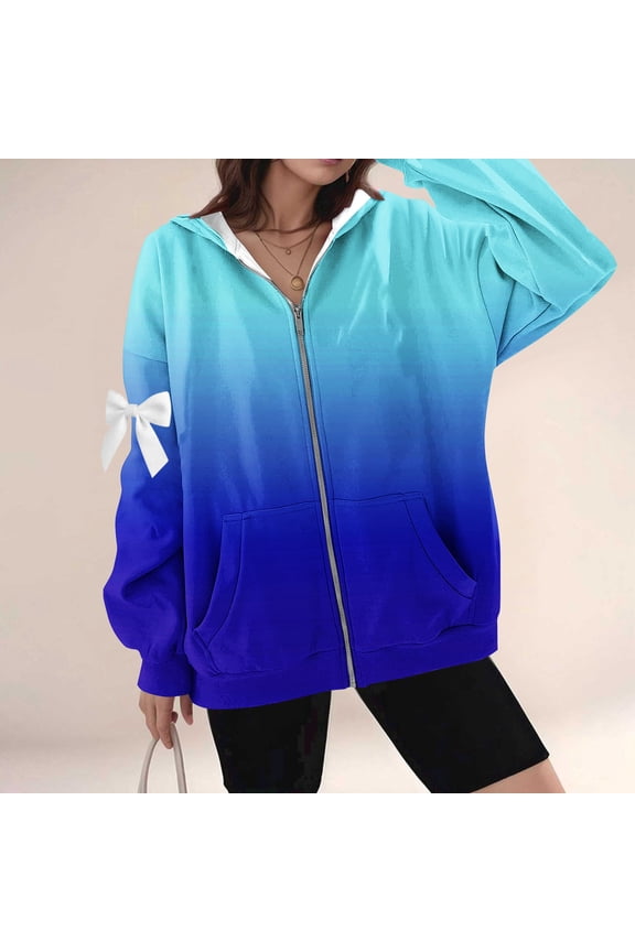 Stylish Gradient Color Arm Bowknot Casual Hooded Long Sleeve Zipper Jackets for Women, Comfy Loose Pockets Outerwears for Fall and Winter,Blue,XXXXXL