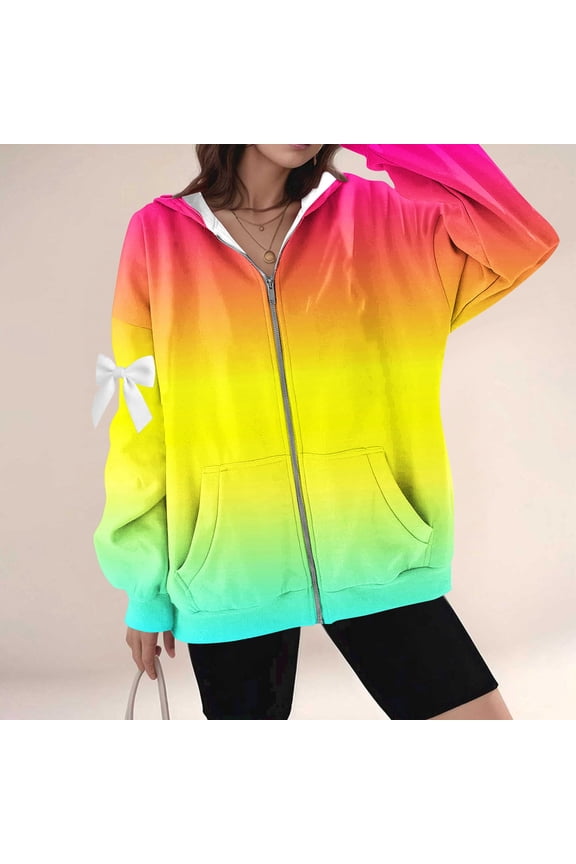 Stylish Gradient Color Arm Bowknot Casual Hooded Long Sleeve Zipper Jackets for Women, Comfy Loose Pockets Outerwears for Fall and Winter,Yellow,S