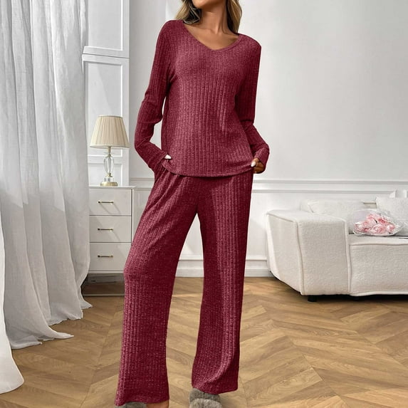 Zedker Stylish Pit-Striped Thermal Pajamas for Womens Set Casual V-Neck Long Sleeve Shirt and Straight-Leg Drawstring Pant,Wine,L