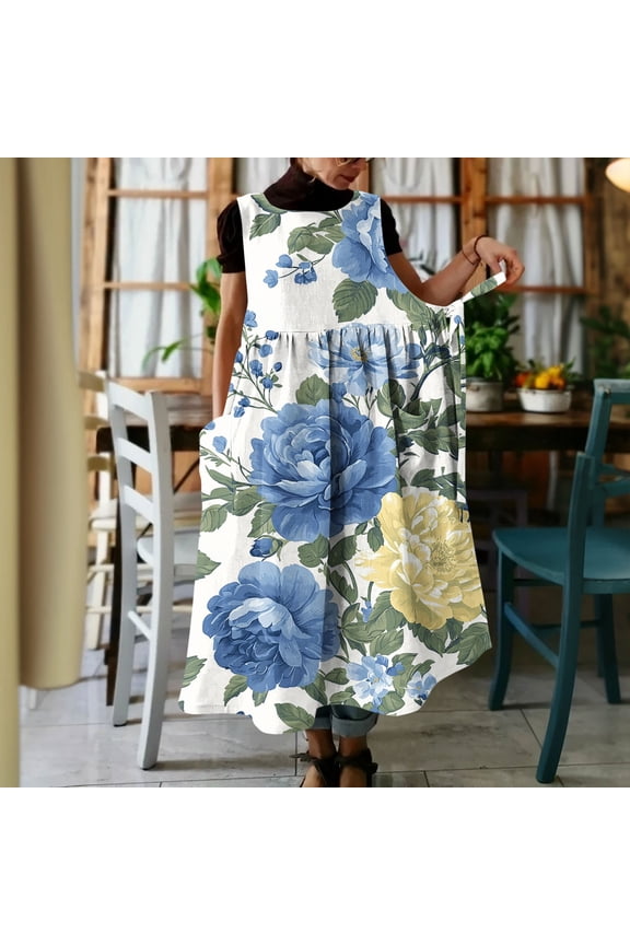 Summer Casual Dresses for Womens Tank Empire Waist Sun Dress Flowy V Neck Cold Shoulder Dresses with Pockets Blue L
