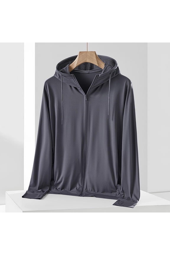 Sun Protection Clothing Men Jacket UPF 50+ Hooded Long Sleeve Solid Jacket for Outdoor Driving Traveling Hiking Fishing Dark Gray L