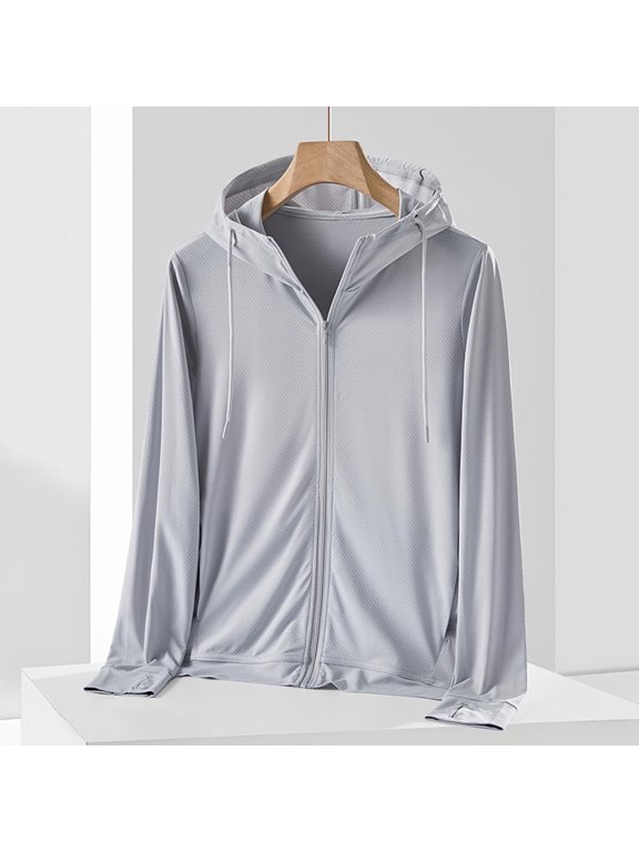 Sun Protection Clothing Men Jacket UPF 50+ Hooded Long Sleeve Solid Jacket for Outdoor Driving Traveling Hiking Fishing Gray M