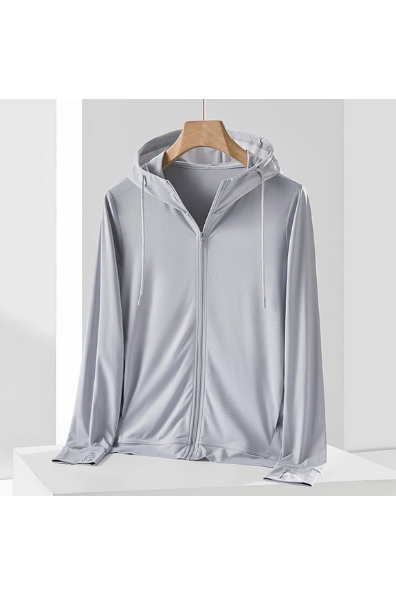 Sun Protection Clothing Men Jacket UPF 50+ Hooded Long Sleeve Solid Jacket for Outdoor Driving Traveling Hiking Fishing Gray XXXXL
