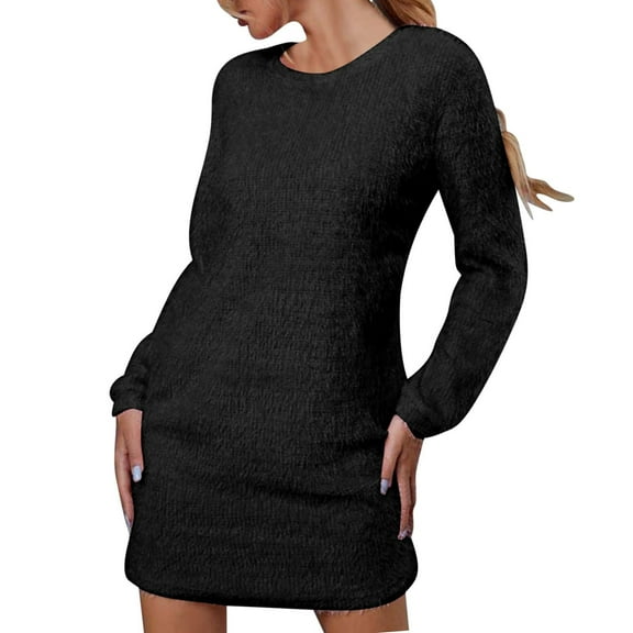 Zedker Sweater Dresses for Women 2025 Knit Dresses Long Sleeve Dress Casual Fall Winter Round Neck Oversized Loose Short Sweater Dress Plus Size Black XL