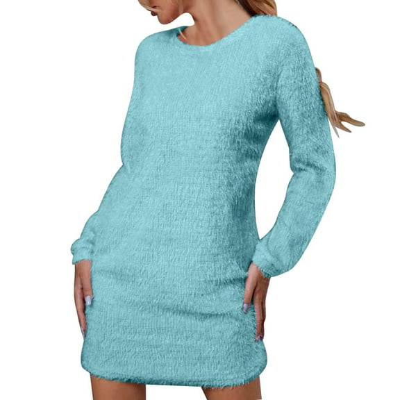 Zedker Sweater Dresses for Women 2025 Knit Dresses Long Sleeve Dress Casual Fall Winter Round Neck Oversized Loose Short Sweater Dress Plus Size Blue XL