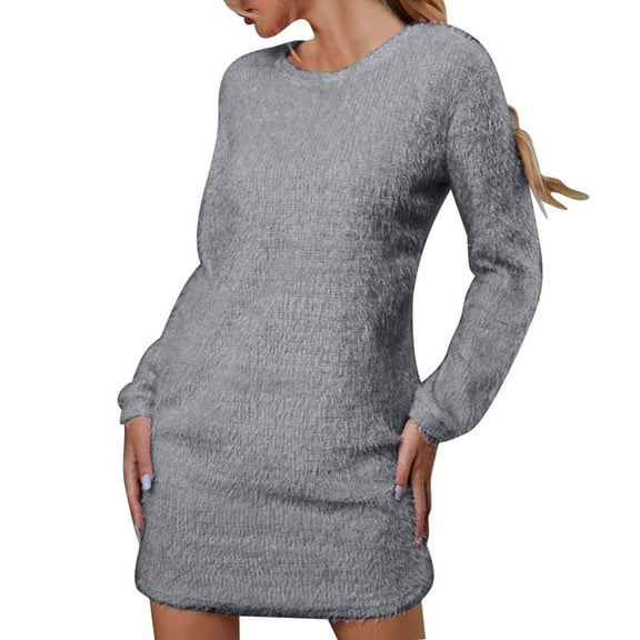 Zedker Sweater Dresses for Women 2025 Knit Dresses Long Sleeve Dress Casual Fall Winter Round Neck Oversized Loose Short Sweater Dress Plus Size Gray XL