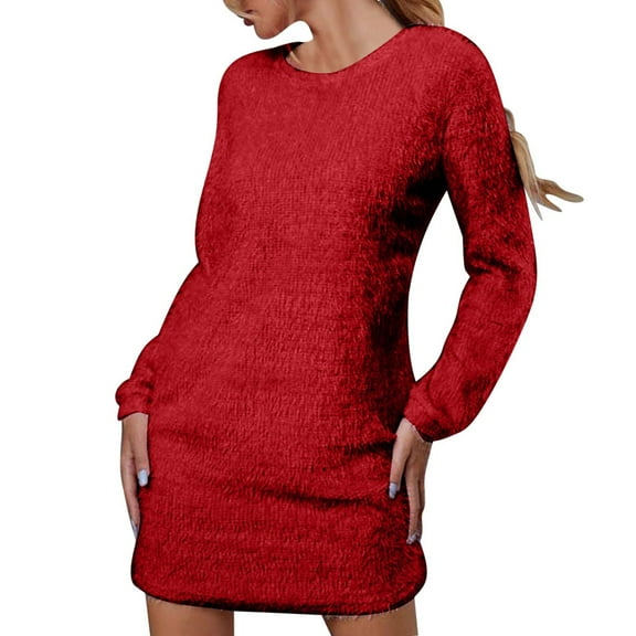 Zedker Sweater Dresses for Women 2025 Knit Dresses Long Sleeve Dress Casual Fall Winter Round Neck Oversized Loose Short Sweater Dress Plus Size Red XXXL