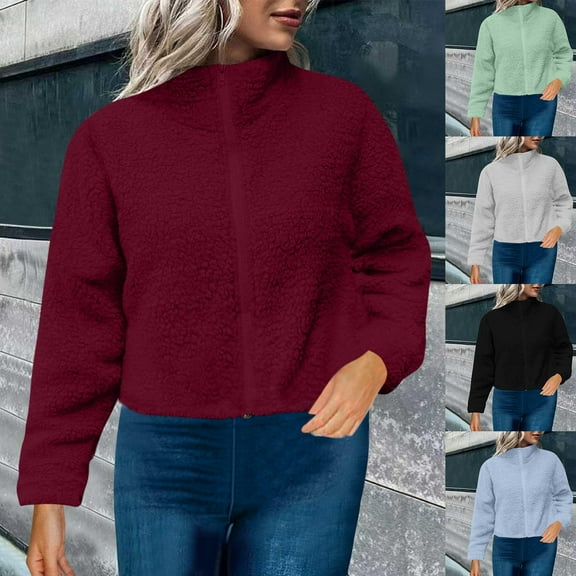 Zedker Sweater for Womens Full Zip Fleece Long Jacket Sherpa Oversized Sweatshirts Stand Collar Winter Coat Warm Sweater