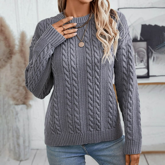 Zedker Sweaters for Women Chunky Cable Knit Sweater Long Sleeve Crewneck Loose Fit Fall Lightweight Women Sweaters Pullover Top for Fall Winter,Plus Gray M