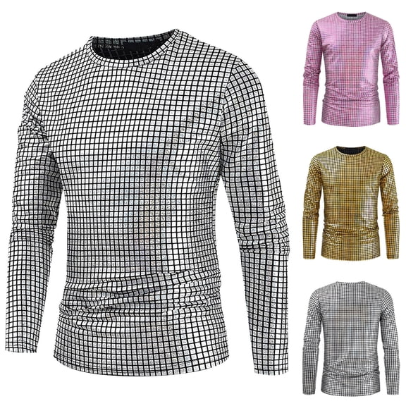 Zedker T-Shirt for Men's Fashion Casual Round Neck Long Sleeves Sparkle Glitter Blouses Shirts