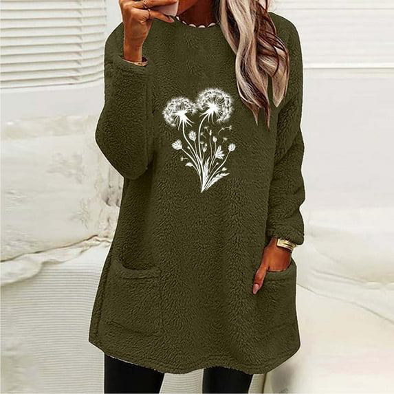 Zedker Fashion Prints Double-Side Fleece Thicken Thermal Sweatshirt for Women, Casual Crewneck Long Sleeve Pullover Tops with Pockets,Army Green,S