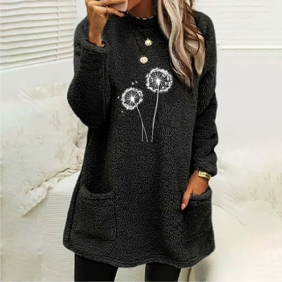 Zedker Fashion Prints Double-Side Fleece Thicken Thermal Sweatshirt for Women, Casual Crewneck Long Sleeve Pullover Tops with Pockets,Black,XXL