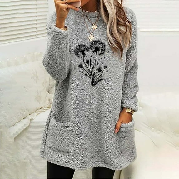 Zedker Fashion Prints Double-Side Fleece Thicken Thermal Sweatshirt for Women, Casual Crewneck Long Sleeve Pullover Tops with Pockets,Gray,XXXL