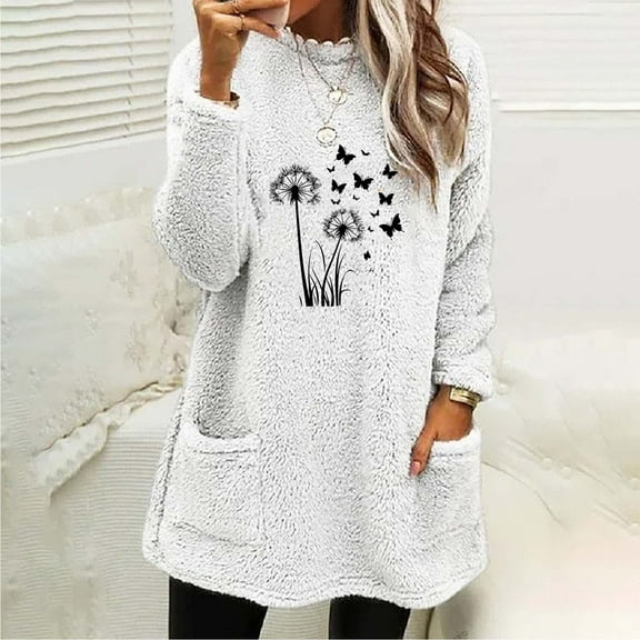 Zedker Fashion Prints Double-Side Fleece Thicken Thermal Sweatshirt for Women, Casual Crewneck Long Sleeve Pullover Tops with Pockets,White,XXL